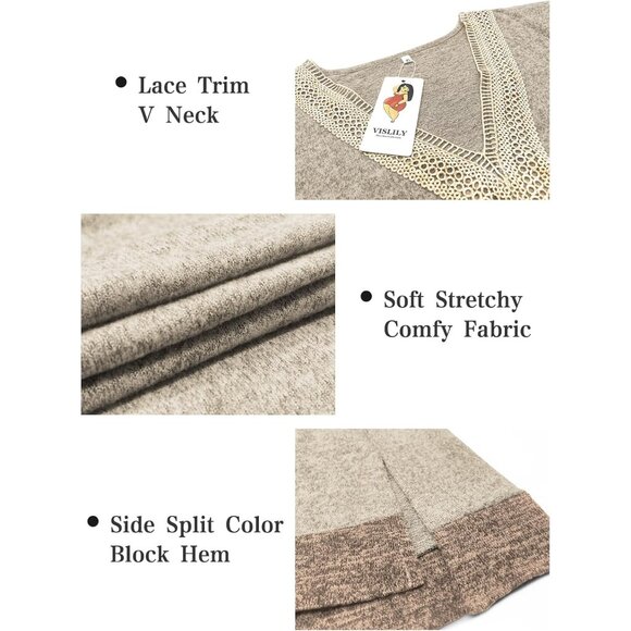 Plus Size Womens Sweatshirt Long Sleeve Lace Trim V Neck Color Block - Picture 3 of 4